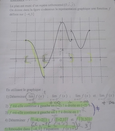 Le plan est muni d'un repère orthonormé (O,overline i,overline j). 
On donne dans la fgure ci-dessous la représentation graphique une fonction ƒ 
définie sur [-4,3]
En utilisant le graphique : 
1) Déterminen lim f(x) limlimits _xto -2^+f(x) limlimits _xto 1^-f(x) et limlimits _xto 1^+f(x)
2) ∫ est-elle continue à gauche en(-2) ? à droite en -2
3) ∫ est-elle continue à gauche en 1 ? à droite en 1 ? 
4) Déterminer f([-4,-2[),f([-2,1]) et f( ]1,3])
5) Résoudre dans [-4,3] l'équation f(x)=L