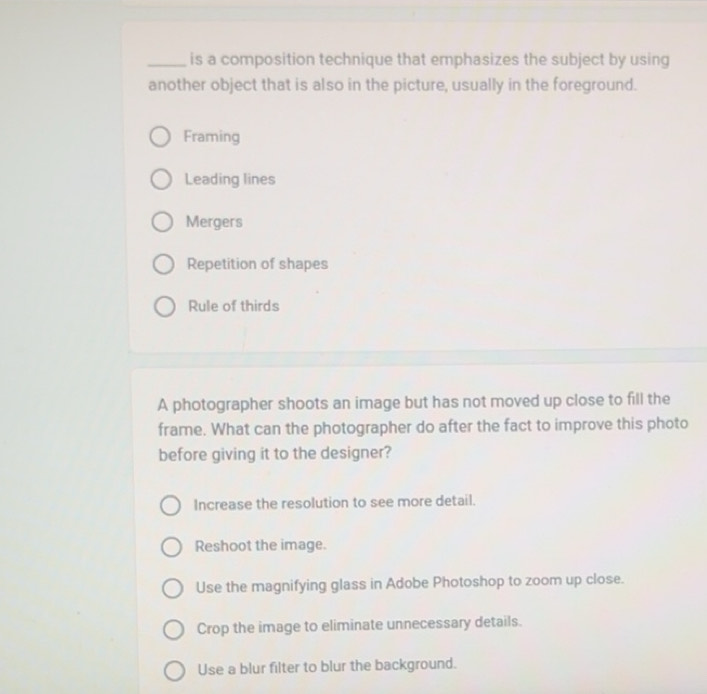 Solved: is a composition technique that emphasizes the subject by using ...