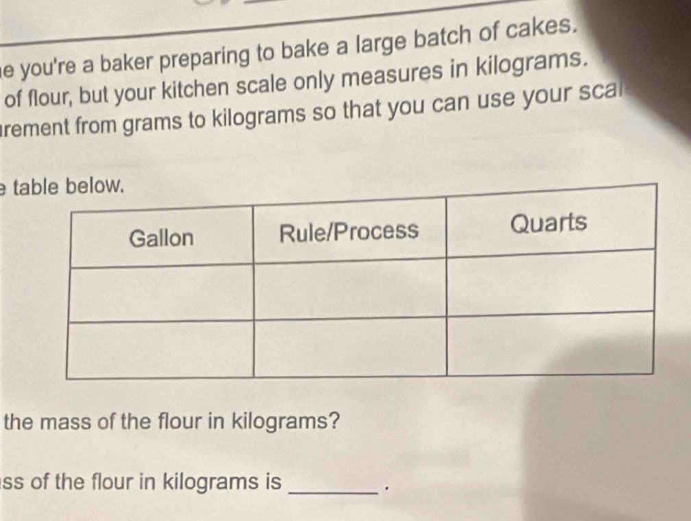 you're a baker preparing to bake a large batch of cakes. 
of flour, but your kitchen scale only measures in kilograms. 
rement from grams to kilograms so that you can use your scal 
t 
the mass of the flour in kilograms? 
ss of the flour in kilograms is_ 
.