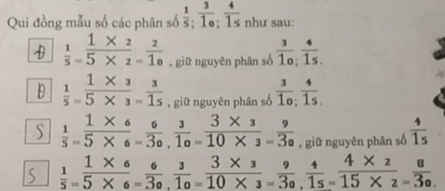 Qui đồng mẫu số các phân số  1/5 ;  3/1o ;  4/1s  như sau:
 1/5 = (1* 2)/5* 2 = 2/10  ,giữ nguyên phân số frac 31_0; frac 41_5
 1/5 = (1* 3)/5* 3 = 3/15  , giữ nguyên phân số  3/10 ,; 4/.  
S  1/5 = (1* 6)/5* 6 = 6/30 ,  3/10 = (3* 3)/10* 3 = 9/30  , giữ nguyên phân số  4/1s 
 1/5 = (1* 6)/5* 6 = 6/30 ,  3/10 = (3* 3)/10* 3 = 9/30 ,  4/15 = (4* 2)/15* 2 = 8/30 .