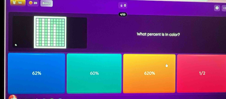 1st Bonus
What percent is in color?
62% 60% 620% 1/2