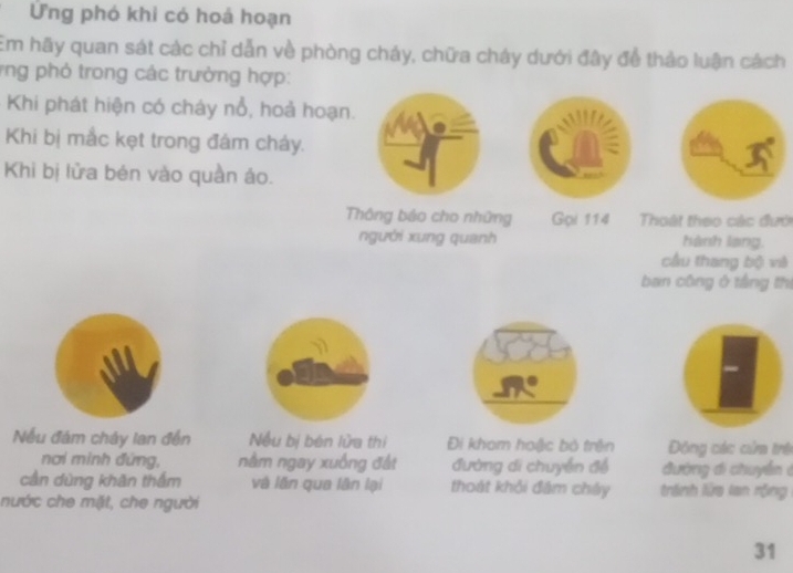 ỨUng phó khi có hoả hoạn 
Em hãy quan sát các chỉ dẫn về phòng cháy, chữa cháy dưới đây để thảo luận cách 
*ng phỏ trong các trưởng hợp: 
Khi phát hiện có chây nổ, hoả hoạn. 
Khi bị mắc kẹt trong đám cháy. 
Khi bị lửa bén vào quần áo. 
Thông báo cho những Gọi 114 Thoát theo các đướ 
người xung quanh hành lang. 
cầu thang bộ và 
ban công ở tầng thị 
Nếu đám cháy lan đến Nếu bị bén lửa thị Đi khom hoặc bỏ trên Động các cửa trẻ 
nơi minh đứng, nằm ngay xuồng đất đường di chuyển đề đường đi chuyền ở 
cần dùng khãn thẩm và lần qua lân lại thoát khỏi đâm cháy tránh lửa lan rộng 
nước che mặt, che người 
31