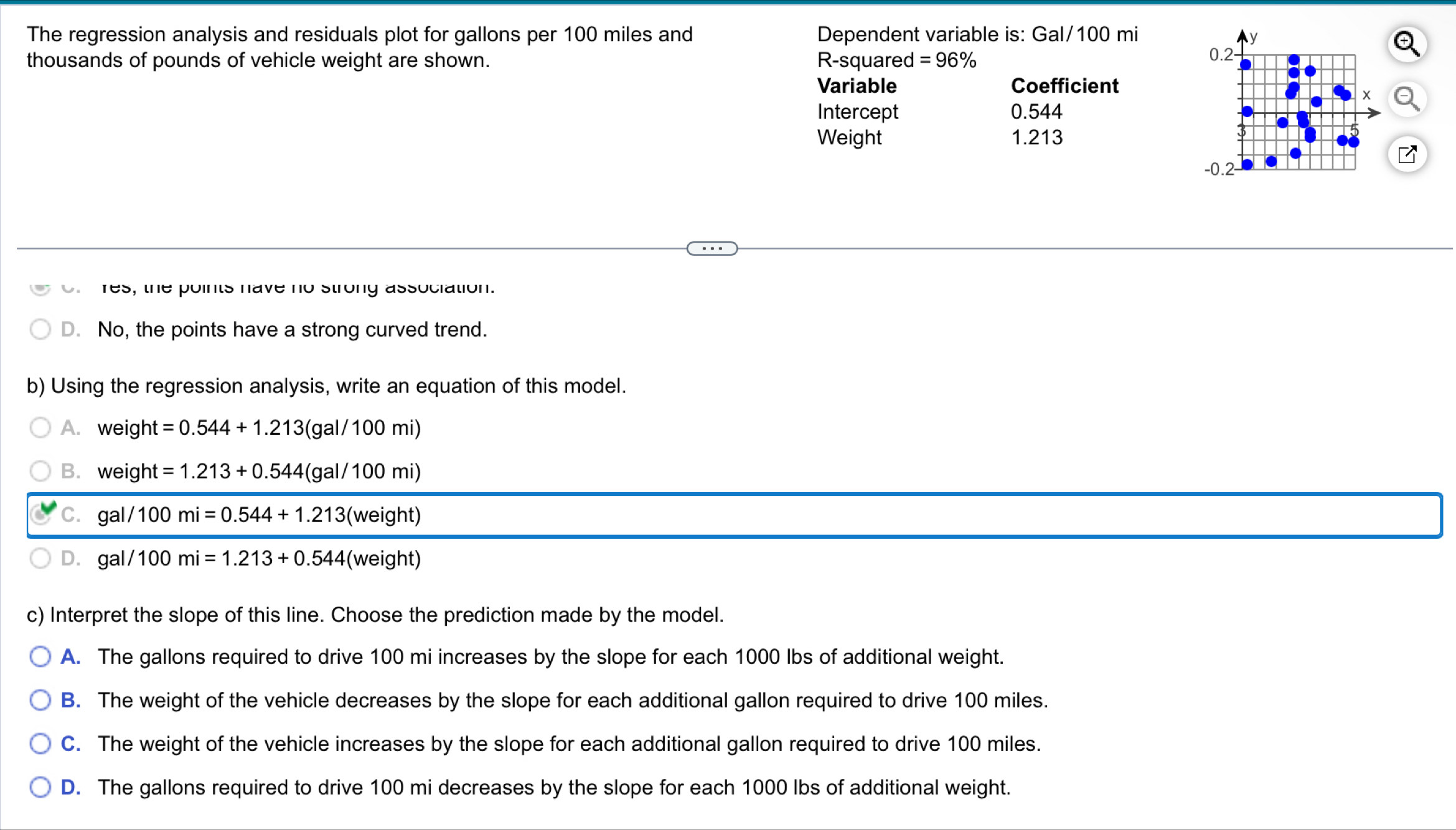 The regression analysis and residuals plot for gallons per 100 miles and Dependent variable is: Gal/100 mi 0.2- y
thousands of pounds of vehicle weight are shown. R-squared =96%
Variable Coefficient
X
Intercept 0.544
Weight 1.213
3
- 0.2 -
of res, the points have no strong association.
D. No, the points have a strong curved trend.
b) Using the regression analysis, write an equation of this model.
A. weight=0.544+1.213(gal/100mi)
B. weight=1.213+0.544(gal/100mi)
C. gal/100mi=0.544+1.213(weight)
D. gal/100mi=1.213+0.544( (weight)
c) Interpret the slope of this line. Choose the prediction made by the model.
A. The gallons required to drive 100 mi increases by the slope for each 1000 lbs of additional weight.
B. The weight of the vehicle decreases by the slope for each additional gallon required to drive 100 miles.
C. The weight of the vehicle increases by the slope for each additional gallon required to drive 100 miles.
D. The gallons required to drive 100 mi decreases by the slope for each 1000 lbs of additional weight.