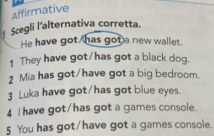 Affirmative
Scegli l’alternativa corretta.
He have got/has got a new wallet.
1 They have got/has got a black dog.
2 Mia has got/have got a big bedroom.
3 Luka have got/has got blue eyes.
4 I have got/has got a games console.
5 You has got/have got a games console.