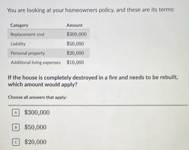 You are looking at your homeowners policy, and these are its terms:
If the house is completely destroyed in a fire and needs to be rebuilt,
which amount would apply?
Choose all answers that apply:
A $300,000
B $50,000
c $20,000