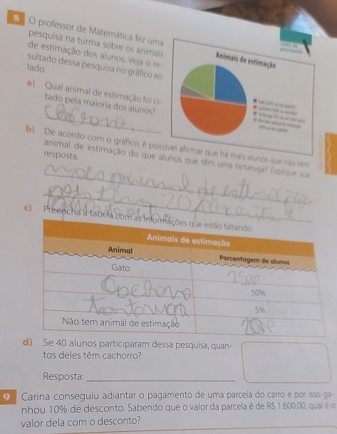 8 ª O professor de Matemática fez um 
pesquisa na turma sobre os animai 
de estimação dos alunos. Veja o re 
sultado dessa pesquisa no gráfico a 
lado. 
a) Qual animal de estimação foi ci 
_ 
tado pela maioria dos alunos? 
) De acordo com o gráfico, é posais alunos que não têm 
resposta. 
_ 
animal de estimação do que alunos que têm uma tartaruga? Explique sua 
_ 
c) Preencha a tabe 
d) Se 40 alunos participaram dessa pesquisa, quan- 
tos deles têm cachorro? 
Resposta:_ 
9 Carina conseguiu adiantar o pagamento de uma parcela do carro e por isso ga- 
nhou 10% de desconto. Sabendo que o valor da parcela é de R$ 1.600,00, qual é o 
valor dela com o desconto?