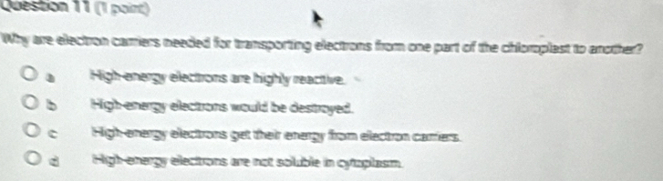 Why are electron carriers needed for transporting electrons from one part of the chlorplest to another?
High energy electrons are highly reactive.
b High-energy electrons would be destroyed.
c High-energy electrons get their energy from electron carrers.
d High-energy elecitions are not soluble in cytoplasm.