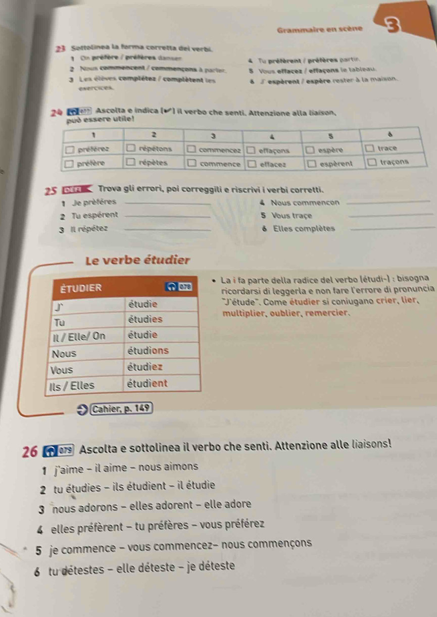 Grammaire en scène 3 
23 Settolínea la forma corretta del verbi. 
On préfère / préfères dan sen 4 Tu préfèrent / préfères partir. 
2 Noun commencent / commençans à parter. 5 Vous effacez / effaçons le tableau. 
3 Les élèves complétez / complètent les 6 5 espèrent / espère rester à la maison. 
enercices 
24 e Ascolta e índica (*) il verbo che senti. Attenzione alla liaíson, 
può essere utile! 
25 pz Trova gli errori, poi correggili e riscrivi i verbi corretti. 
1 Je prèfères _4 Nous commencon 
_ 
2 Tu espérent _5 Vous traçe_ 
3 Il répétez _6 Elles complètes_ 
Le verbe étudier 
La i fa parte della radice del verbo (étudi-) : bisogna 
ricordarsi di leggerla e non fare l'errore di pronuncia 
''J'étude''. Come étudier si coniugano crier, lier, 
multiplier, oublier, remercier. 
Cahier, p. 149 
26 Ascolta e sottolinea il verbo che senti. Attenzione alle liaisons! 
1 j'aime - il aime - nous aimons 
2 tu étudies - ils étudient - il étudie 
3 nous adorons - elles adorent - elle adore 
4 elles préfèrent - tu préfères - vous préférez 
5 je commence - vous commencez- nous commençons 
6 tu détestes - elle déteste - je déteste