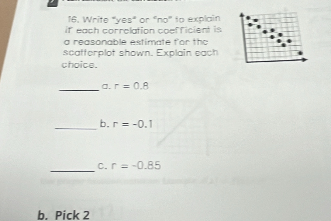 Write "yes" or "no" to explain 
if each correlation coefficient is 
a reasonable estimate for the 
scatterplot shown. Explain each 
choice. 
_a. r=0.8
_b. r=-0.1
_C. r=-0.85
b. Pick 2