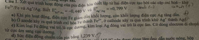 Xét quá trình hoạt động của pin điện hóa thiết lập từ hai điện cực tạo bởi các cập oxi hoá - khù
Fe^(2+) /Fe và Ag*/Ag. Biết E_R^(3+)/F_2^circ =-0,440V yà E_Ag^+|Ag^circ =+0,799V
a) Khi pin hoạt động, điện cực Fe giám dân khối lượng, còn khối lượng điện cực Ág tăng dân 
b) () anode xảy ra quả trình oxi hóa Fe thành Fe^(2+) , ở cathode xây ra quả trình khử Ag* thành Ago 
e) Kim loại Fe đồng vai trò là cực dương, kim loại Ag đóng vai trò là cực âm. Cô dòng electron di chuyể 
từ cục âm sang cục dương. 
d) Sức điện động chuẩn của pín bằng 1,239 V. l ùng làm Ông dẫn nước nóng, hộ