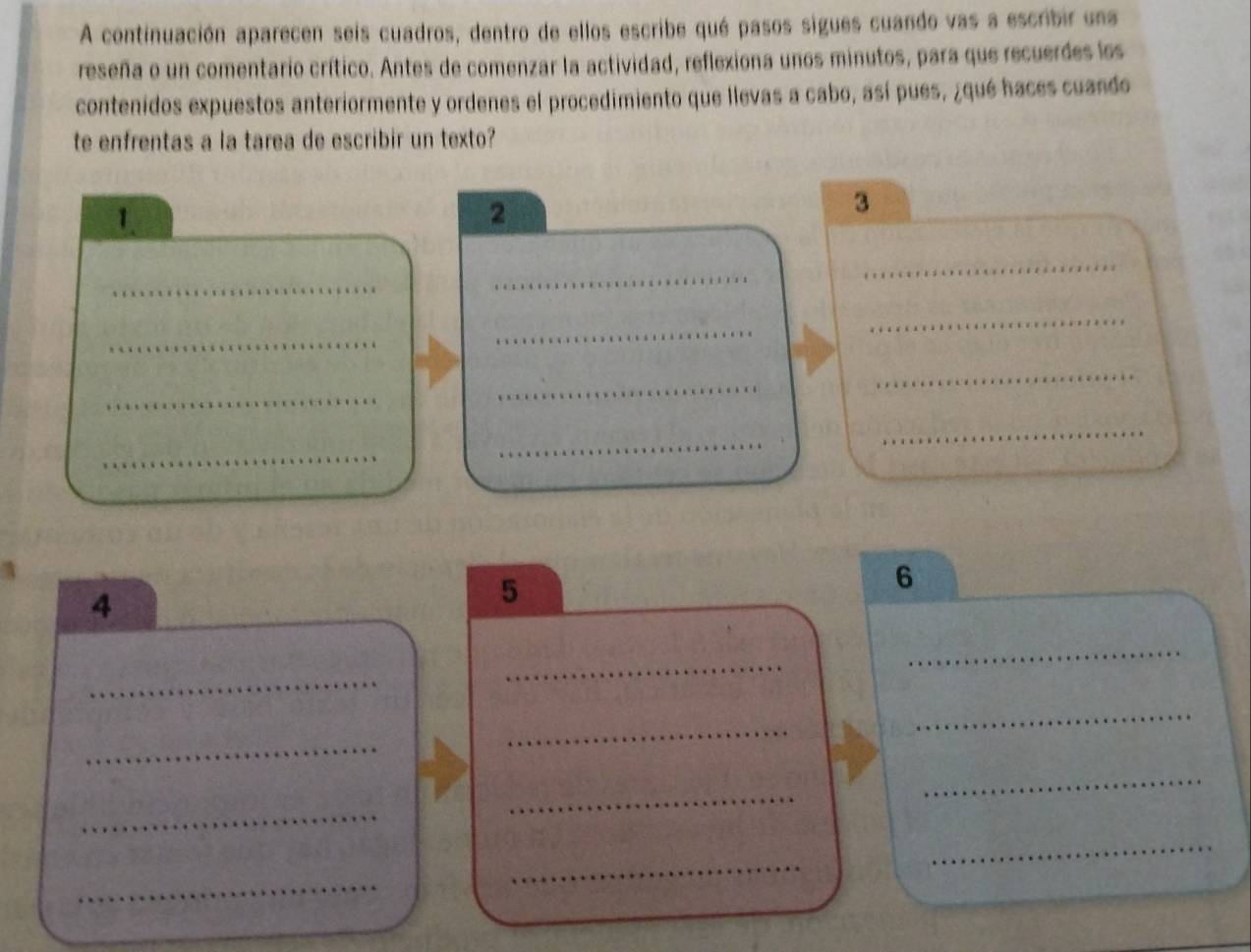 A continuación aparecen seis cuadros, dentro de ellos escribe qué pasos sigues cuando vas a escribir una 
reseña o un comentario crítico. Antes de comenzar la actividad, reflexiona unos minutos, para que recuerdes los 
contenidos expuestos anteriormente y ordenes el procedimiento que llevas a cabo, así pues, ¿qué haces cuando 
te enfrentas a la tarea de escribir un texto? 
1 
2 
3 
_ 
_ 
_ 
_ 
_ 
_ 
_ 
_ 
_ 
_ 
_ 
_ 
6 
4 
5 
_ 
_ 
_ 
_ 
_ 
_ 
_ 
_ 
_ 
_ 
_ 
_