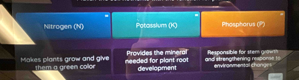 Nitrogen (N) Potassium (K) Phosphorus (P) 
Provides the mineral Responsible for stem growth 
Makes plants grow and give needed for plant root and strengthening response to 
them a green color environmental changes 
development