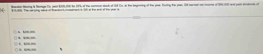 Brandon Moving & Storage Co. paid $200,000 for 25% of the common stock of Gill Co. at the beginning of the year. During the year, Gill eared net income of $90,000 and paid dividends of
$10,000. The carrying vatue of Brandon's investment in Gill at the end of the year is
A. 5200.000
B. 5290.0X3
C. $220,000
D. 5290,000