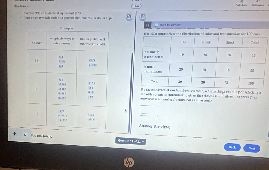 Diractions iSds Calculstor Ralerense
fraction (7/2) or its decimal equivalent (3.5).
Don't enter symbols such as a percent sign, comma, or dollar sign.
11 Mark for Review
The table summarizes the distribution of color and transmission for 100 cars.
om the table, what is the probability of selecting a
car with automatic transmission, given that the car is not silver? (Express your
answer as a decimal or fraction, not as a percent.)
□
Answer Preview:
ilasacaQuizhpi Question 11 of 22
Back Next
hp