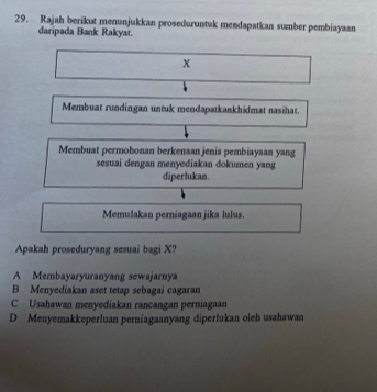 Rajah berikut menunjukkan proseduruntuk mendapatkan sumber pembiayaan
daripada Bank Rakyat.
x
Membuat rundingan untuk mendapatkankhidmat nasihat.
Membuat permohonan berkenaan jenis pembiayaan yang
sesuai dengan menyediakan dokumen yang
diperlukan.
Memulakan perniagaan jika lulus.
Apakah proseduryang sesuai bagi X?
A Membayaryuranyang sewajarnya
B Menyediakan aset tetap sebagai cagaran
C Usahawan menyediakan rancangan perniagaan
D Menyemakkeperluan perniagaanyang dipertukan oleh usahawan