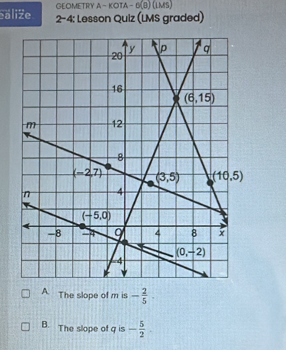 GEOMETRY A - KOTA - 6(B) (LMS)
ealize 2-4: Lesson Quiz (LMS graded)
A. The slope of m is - 2/5 .
B. The slope of q is - 5/2 .