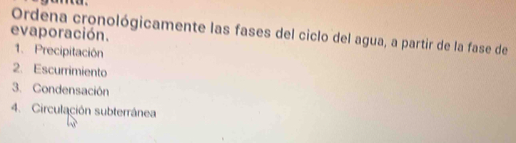 evaporación. Ordena cronológicamente las fases del ciclo del agua, a partir de la fase de 
1. Precipitación 
2. Escurrimiento 
3. Condensación 
4. Circulación subterránea