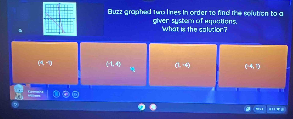 Buzz graphed two lines in order to find the solution to a
given system of equations.
What is the solution?
(4,-1)
(-1,4)
(1,-4)
(-4,1)
1
Karmesha
Williams
Nov 1 8:13