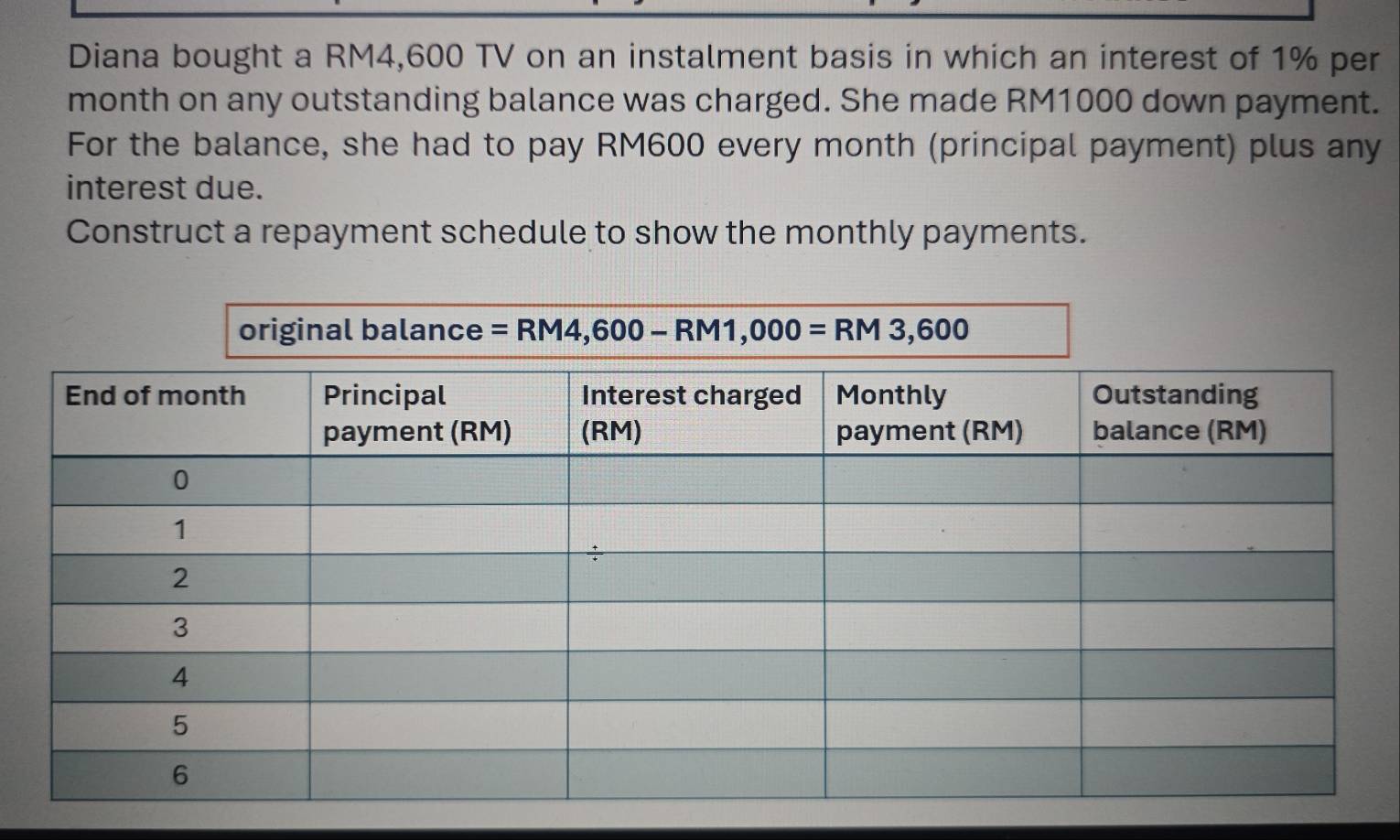 Diana bought a RM4,600 TV on an instalment basis in which an interest of 1% per
month on any outstanding balance was charged. She made RM1000 down payment.
For the balance, she had to pay RM600 every month (principal payment) plus any
interest due.
Construct a repayment schedule to show the monthly payments.