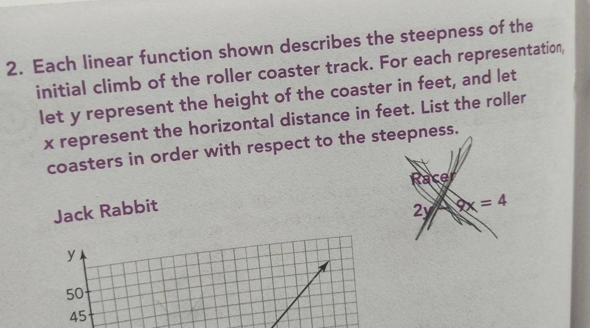 Each linear function shown describes the steepness of the 
initial climb of the roller coaster track. For each representation, 
let y represent the height of the coaster in feet, and let
x represent the horizontal distance in feet. List the roller 
coasters in order with respect to the steepness. 
Racer 
Jack Rabbit
2y x=4
y
50
45