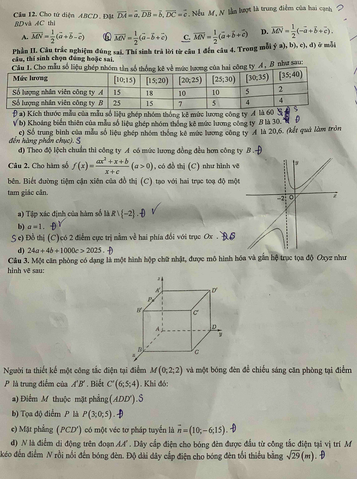 Cho tứ diện ABCD. Đặt vector DA=vector a,vector DB=vector b,vector DC=vector c. Nếu M, N lần lượt là trung điểm của hai cạnh
BDvà AC thì
A. vector MN= 1/2 (vector a+vector b-vector c) ⑥ vector MN= 1/2 (vector a-vector b+vector c) C. vector MN= 1/2 (vector a+vector b+vector c) D. overline MN= 1/2 (-overline a+overline b+overline c).
Phần II. Câu trắc nghiệm đúng sai. Thí sinh trả lời từ câu 1 đến câu 4. Trong mỗi ý a), b), c), d) ở mỗi
câu, thí sinh chọn đúng hoặc sai.
A , B như sau:
θ a) Kích thước mẫu của mẫu số liệu ghép nhóm thống kê mức lương công ty A là 60
sqrt(b)) Khoảng biến thiên của mẫu số liệu ghép nhóm thống kê mức lương công ty B là 30.
c) Số trung bình của mẫu số liệu ghép nhóm thống kê mức lương công ty A là 20,6. (kết quả làm tròn
đến hàng phần chục). S
d) Theo độ lệch chuẩn thì công ty A có mức lương đồng đều hơn công ty B
Câu 2. Cho hàm số f(x)= (ax^2+x+b)/x+c (a>0) , có đồ thị (C) như hình vẽ
bên. Biết đường tiệm cận xiên của đồ thị (C) tạo với hai trục toạ độ một
tam giác cân.
a) Tập xác định của hàm số 1 aR/ -2 .
b) a=1
S c) Đồ thị (C)có 2 điểm cực trị nằm về hai phía đối với trục Ox .
d) 24a+4b+1000c>2025. D
Câu 3. Một căn phòng có dạng là một hình hộp chữ nhật, được mô hình hóa và gắn hệ trục tọa độ Oxyz như
hình vẽ sau:
Người ta thiết kế một công tắc điện tại điểm M(0;2;2) và một bóng đèn để chiếu sáng căn phòng tại điểm
P là trung điểm của A'B'. Biết C'(6;5;4). Khi đó:
a) Điểm M thuộc mặt phẳng (ADD').S
b) Tọa độ điểm P là P(3;0;5)
c) Mặt phẳng (PCD') có một véc tơ pháp tuyến là vector n=(10;-6;15)
d) N là điểm di động trên đoạn AA'. Dây cấp điện cho bóng đèn được đấu từ công tắc điện tại vị trí M
kéo đến điểm N rồi nối đến bóng đèn. Độ dài dây cấp điện cho bóng đèn tối thiểu bằng sqrt(29)(m)