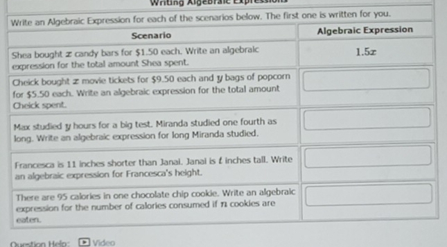 Wrting Algebrale Expres 
Question Helo: Video