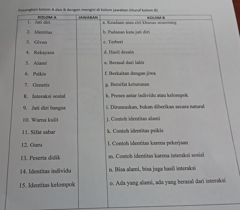 Pasangkan kolom A dan B dengan mengisi di kolom jawaban (Huruf kolom B)