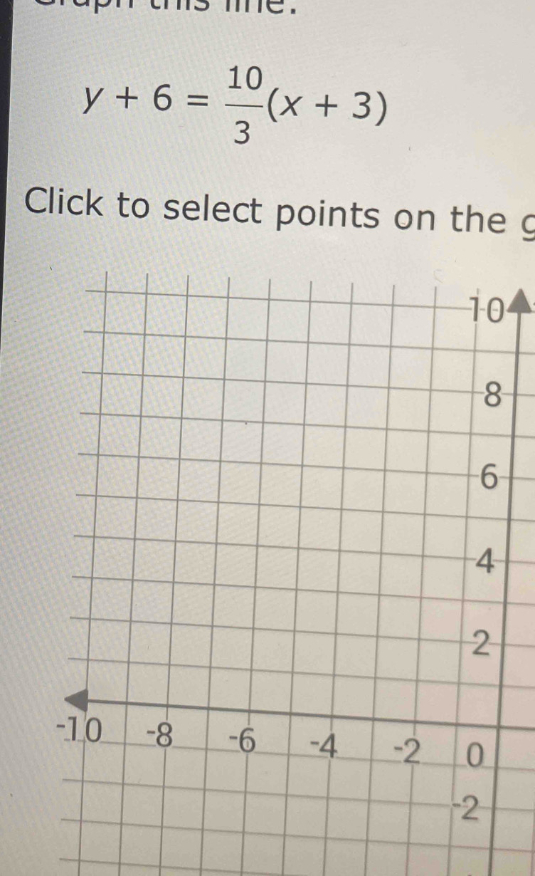 me .
y+6= 10/3 (x+3)
Click to select points on the g