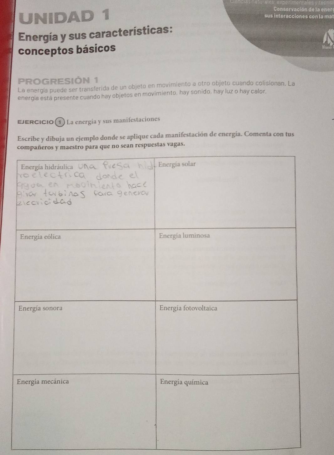 Conservación de la ener 
UNIDAD 1 sus interacciones con la mat 
Energía y sus características: 
conceptos básicos 
PROGRESIÓN 1 
La energía puede ser transferida de un objeto en movimiento a otro objeto cuando colisíonan. La 
energía está presente cuando hay objetos en movimiento, hay sonido, hay luz o hay calor. 
Ejercicio ① La energía y sus manifestaciones 
Escribe y dibuja un ejemplo donde se aplique cada manifestación de energía. Comenta con tus 
spuestas vagas.