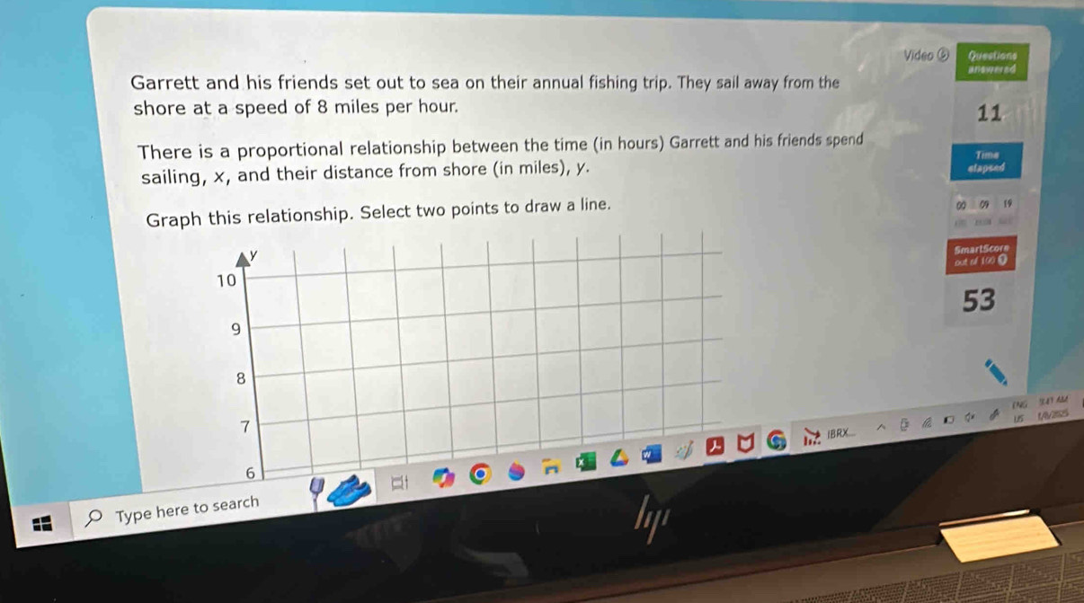 Video( Questions
answered
Garrett and his friends set out to sea on their annual fishing trip. They sail away from the
shore at a speed of 8 miles per hour.
11
There is a proportional relationship between the time (in hours) Garrett and his friends spend
Tima
sailing, x, and their distance from shore (in miles), y. elapsed
Graph this relationship. Select two points to draw a line.
y
SmartScore
out of 100 ①
10
53
9
8
[NG
u5 1/4/2125
7
6
Type here to search