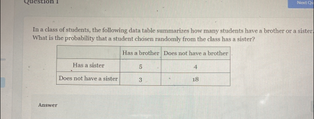 Next Qu 
In a class of students, the following data table summarizes how many students have a brother or a sister. 
What is the probability that a student chosen randomly from the class has a sister? 
Answer