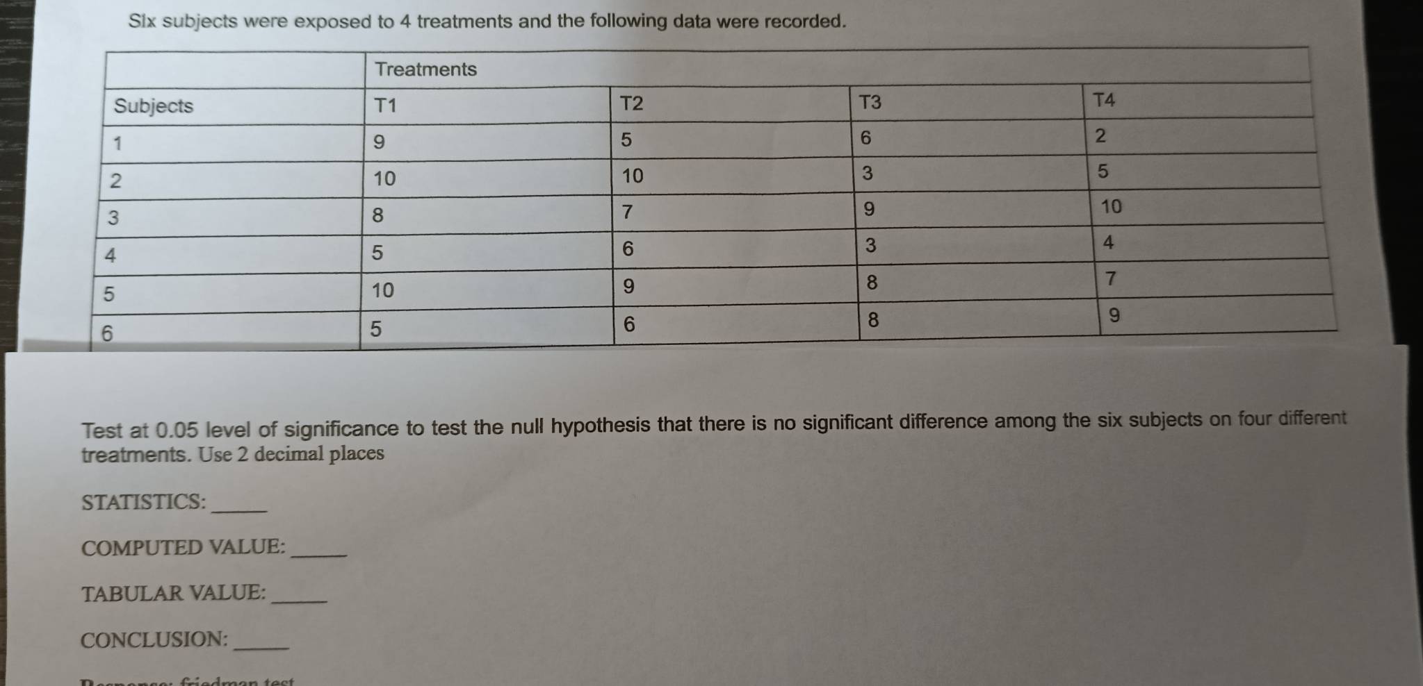 Six subjects were exposed to 4 treatments and the following data were recorded. 
Test at 0.05 level of significance to test the null hypothesis that there is no significant difference among the six subjects on four different 
treatments. Use 2 decimal places 
STATISTICS:_ 
COMPUTED VALUE:_ 
TABULAR VALUE:_ 
CONCLUSION:_