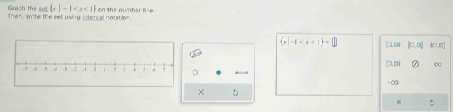 Graph the set  x|-1 on the number line. 
Then, write the set using interval notation.
 x|-1 (0,□ [0,□ ] (0,0]
(□ ,□ ) ∞
。 
= ∞
× 5