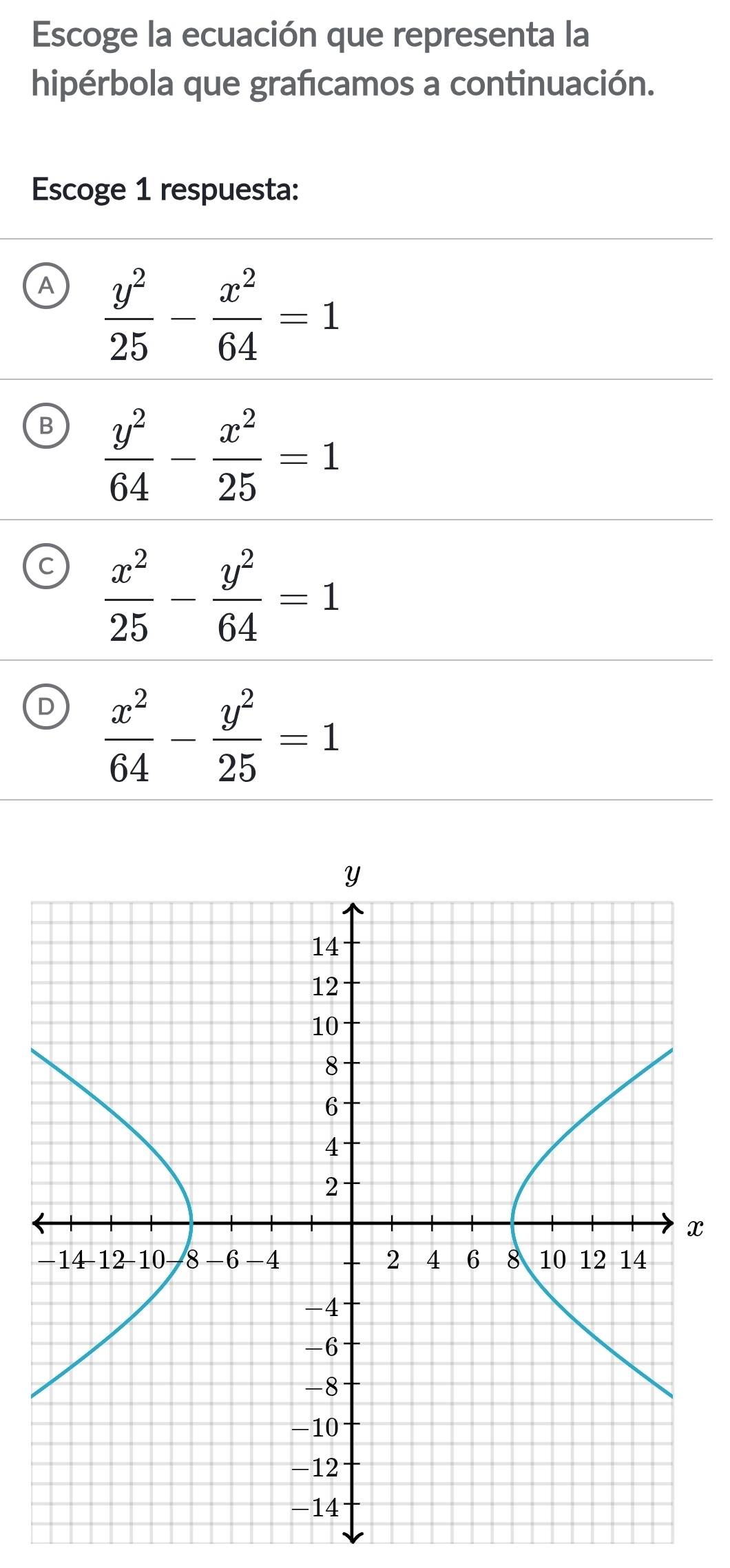 Escoge la ecuación que representa la
hipérbola que grafcamos a continuación.
Escoge 1 respuesta:
A  y^2/25 - x^2/64 =1
B  y^2/64 - x^2/25 =1
 x^2/25 - y^2/64 =1
D  x^2/64 - y^2/25 =1
x