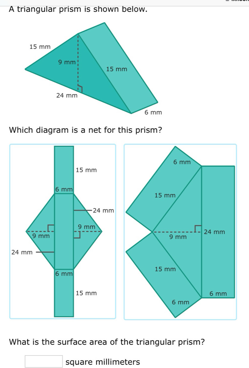 Solved: A triangular prism is shown below. 15 mm 9 mm 15 mm 24 mm 6 mm ...