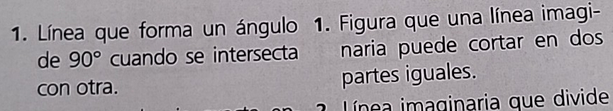 Línea que forma un ángulo 1. Figura que una línea imagi- 
de 90° cuando se intersecta naria puede cortar en dos 
con otra. partes iguales. 
ínea imaginaria que divide