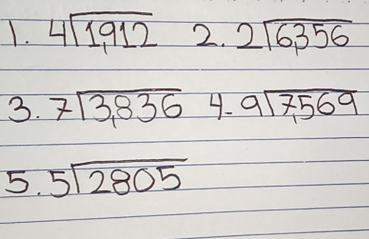 4sqrt(1,912) 2. 2sqrt(6,356)endarray
3. beginarrayr 7encloselongdiv 3,836endarray 4.9sqrt(7,569)
5. 5sqrt(2805)