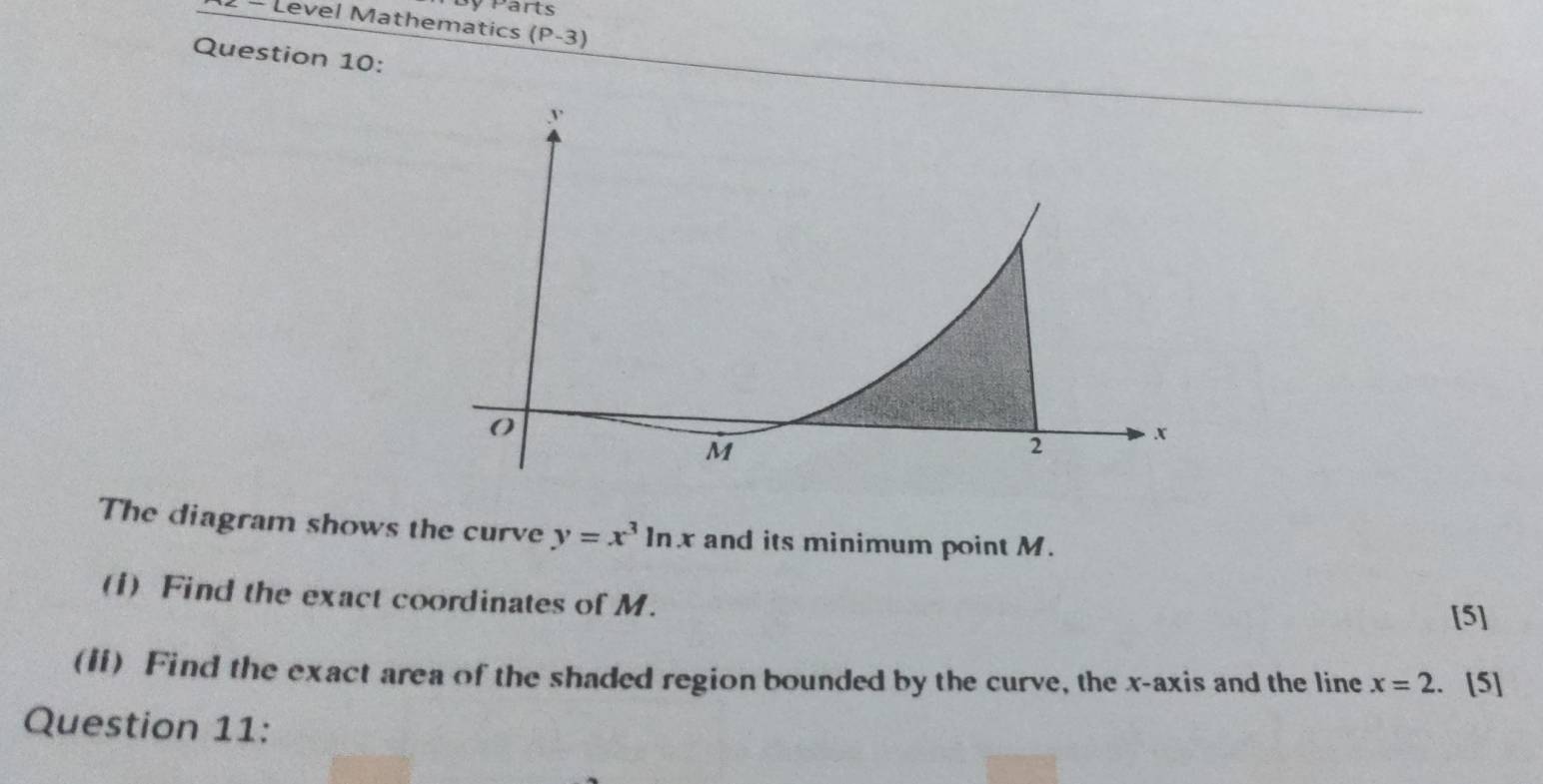 Parts 
2 - Level Mathematics (P-3) 
Question 10: 
The diagram shows the curve y=x^3ln x and its minimum point M. 
(1) Find the exact coordinates of M. 
[5] 
(Ii) Find the exact area of the shaded region bounded by the curve, the x-axis and the line x=2. [5] 
Question 11: