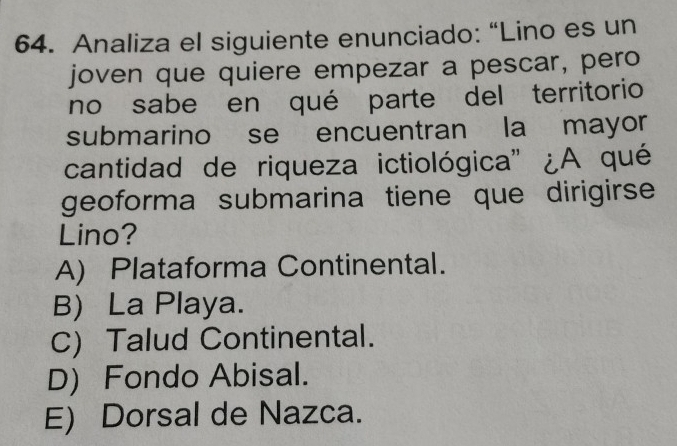 Analiza el siguiente enunciado: “Lino es un
joven que quiere empezar a pescar, pero
no sabe en qué parte del territorio
submarino se encuentran la mayor
cantidad de riqueza ictiológica' ¿A qué
geoforma submarina tiene que dirigirse
Lino?
A) Plataforma Continental.
B) La Playa.
C) Talud Continental.
D) Fondo Abisal.
E) Dorsal de Nazca.