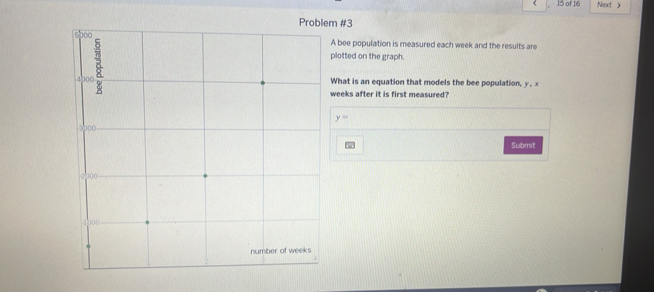 < 15 of 16 Next > 
m #3 
A bee population is measured each week and the results are 
plotted on the graph. 
What is an equation that models the bee population, y. x
weeks after it is first measured?
y=
Submit