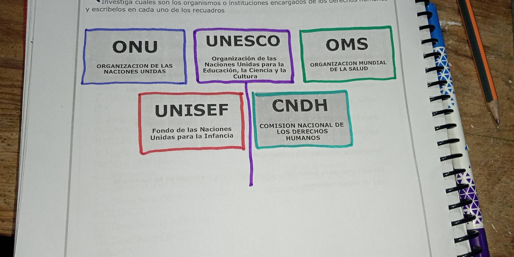 Investiga cuales son los organismos o instituciones encargados de los derec 
y escribelos en cada uno de los recuadros 
UNESCO 
ONU OMS 
Organización de las 
ORGANIZACION DE LAS Naciones Unidas para la ORGANIZACION MUNDIAL 
NACIONES UNIDAS Educación, la Ciencia y la DE LA SALUD 
Cultura 
UNISEF 
CNDH 
Fondo de las Naciones COMISION NACIONAL DE 
LOS DERECHOS 
Unidas para la Infancia HUMANOS