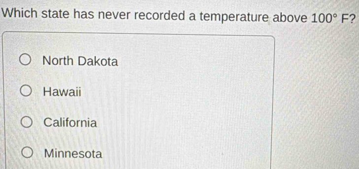 Which state has never recorded a temperature above 100°F ?
North Dakota
Hawaii
California
Minnesota