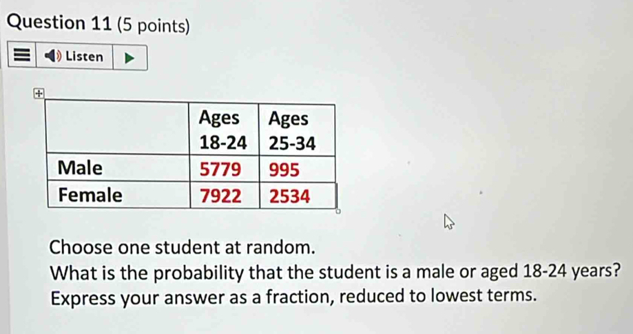 Listen 
Choose one student at random. 
What is the probability that the student is a male or aged 18-24 years? 
Express your answer as a fraction, reduced to lowest terms.