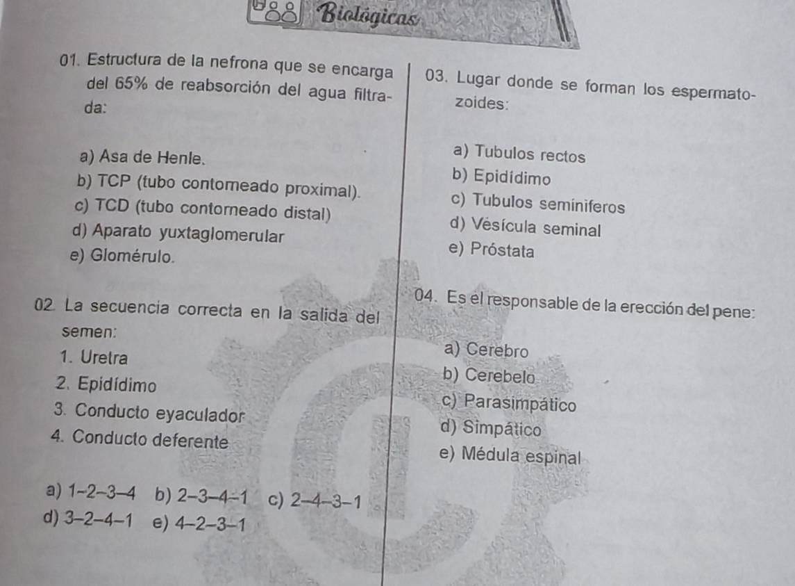 Resuelto:Biológicas 01. Estructura de la nefrona que se encarga 03 ...
