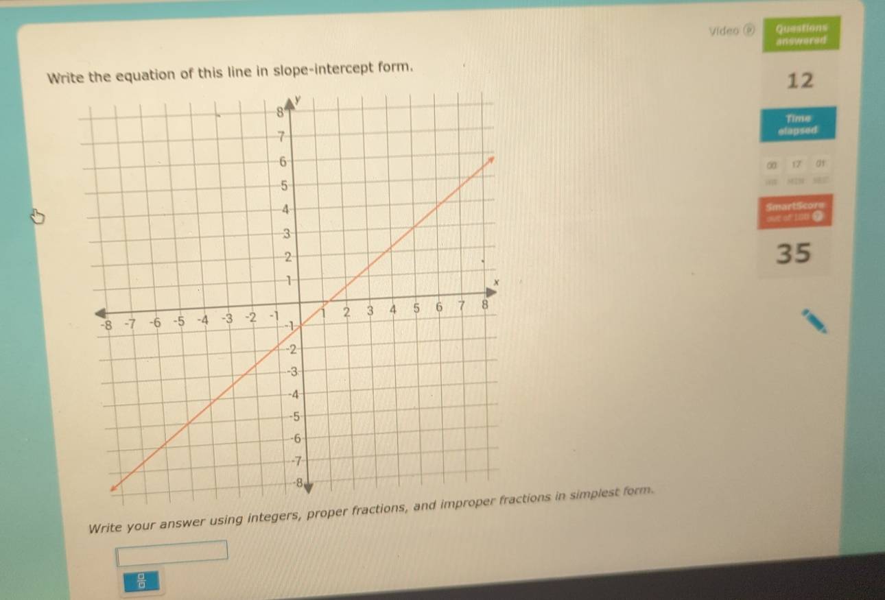 Vídeo é Queations 
answered 
Write the equation of this line in slope-intercept form.
12
Time 
elapsed
17 0s 
“” 
SmartScore 
oue of 100 9
35
Write your answer using integers, proper fractions, and improper fractions in simplest form.