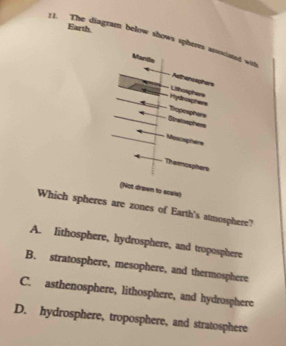 Earth.
11. The diagram below shows spheres associared with
Mantle
Asthencaphers
Lithosphere
Hydrosphere
Troposphere
Stratosphere
Mesosphere
Thermasphers
(Not drawn to scals)
Which spheres are zones of Earth's atmosphere?
A. lithosphere, hydrosphere, and troposphere
B. stratosphere, mesophere, and thermosphere
C. asthenosphere, lithosphere, and hydrosphere
D. hydrosphere, troposphere, and stratosphere