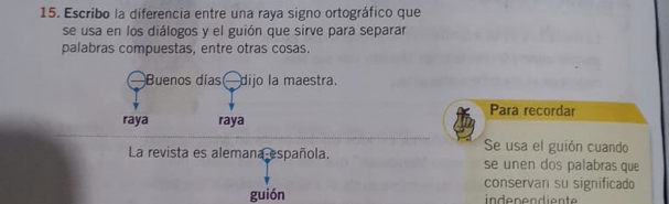 Escribo la diferencia entre una raya signo ortográfico que 
se usa en los diálogos y el guión que sirve para separar 
palabras compuestas, entre otras cosas. 
Buenos días — dijo la maestra. 
Para recordar 
raya raya 
Se usa el guión cuando 
La revista es alemana española. se unen dos palabras que 
conservan su significado 
guión