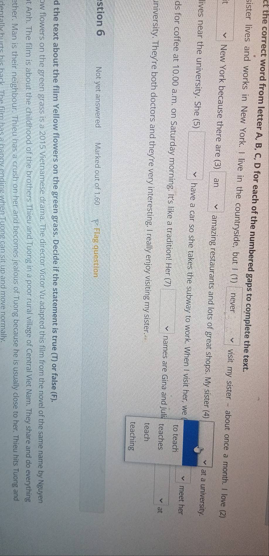 ct the correct word from letter A, B, C, D for each of the numbered gaps to complete the text. 
sister lives and works in New York. I live in the countryside, but I (1) never visit my sister - about once a month. I love (2) 
t New York because there are (3) an amazing restaurants and lots of great shops. My sister (4) 
at a university. 
lives near the university. She (5) have a car so she takes the subway to work. When I visit her, we 
meet her 
to teach 
ds for coffee at 10.00 a.m. on Saturday morning. It's like a tradition! Her (7) names are Gina and Julia teaches 
at 
university. They're both doctors and they're very interesting. I really enjoy visiting my sister. 
teach 
teaching 
stion 6 Not yet answered Marked out of 1.60 Flag question 
d the text about the film Yellow flowers on the green grass. Decide if the statement is true (T) or false (F). 
ow flowers on the green grass is a 2015 Vietnamese drama. The director Victor Vu adapted this film from the novel of the same name by Nguyen 
at Anh. The film is about the childhood of the brothers Thieu and Tuong in a poor rural village of Central Viet Nam. They share and do everything 
ether. Man is their neighbour. Thieu has a crush on her and becomes jealous of Tuong because he is usually close to her. Thieu hits Tuong and 
dentally hurts his back. The film has a hanny ending when Tuong can sit up and move normally.