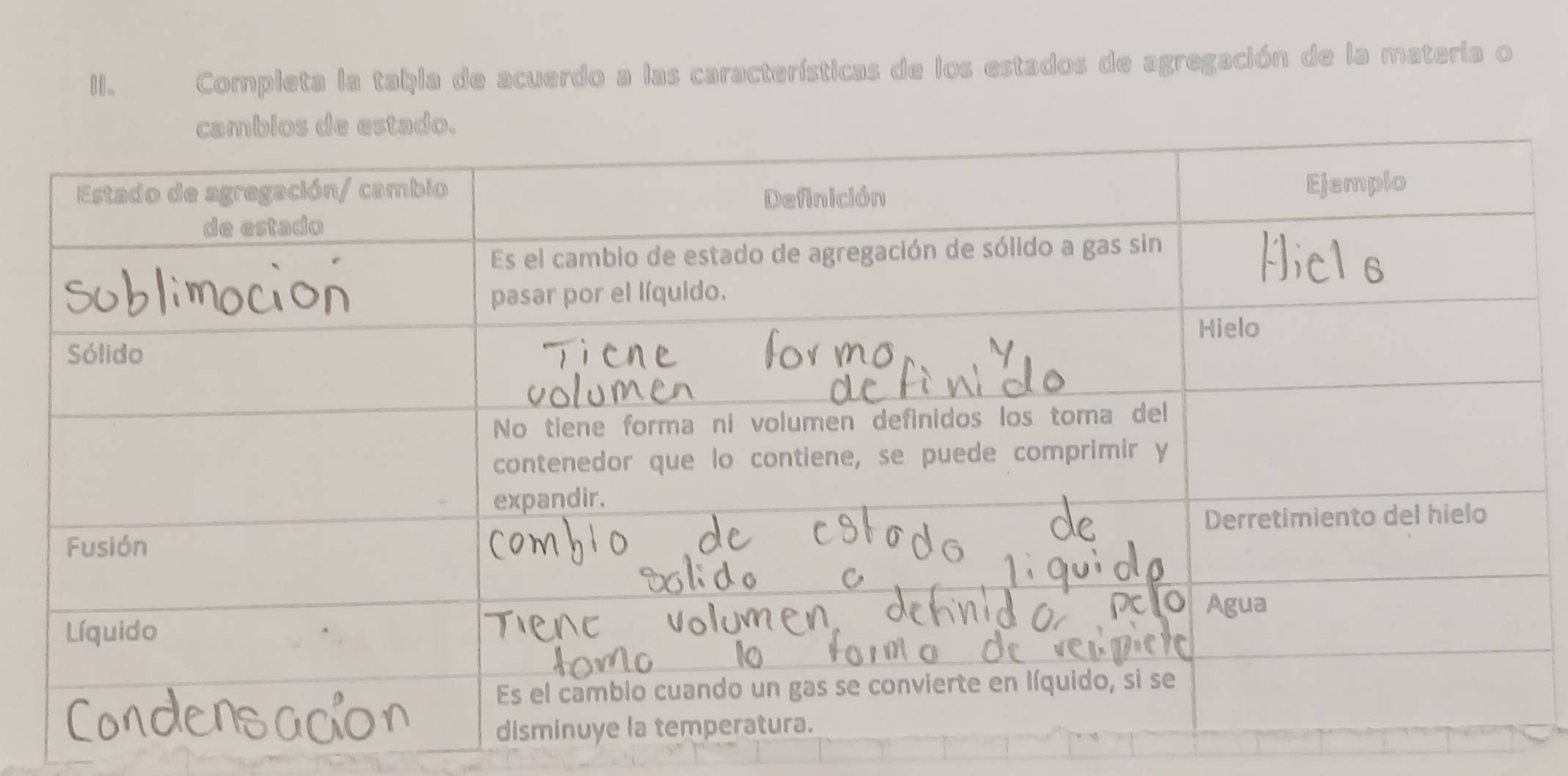 Completa la tabla de acuerdo a las características de los estados de agregación de la materia o