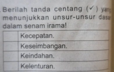 Berilah tanda centang (Ý) ) yang 
menunjukkan unsur-unsur das 
dalam senam irama!